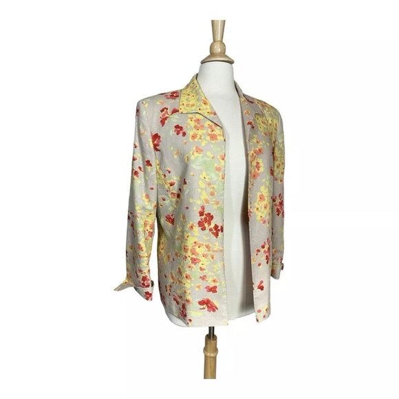 Kasper Linen Blend Blazer Jacket 16 Floral Yellow Red Open Front Lined Vintage - Picture 3 of 8